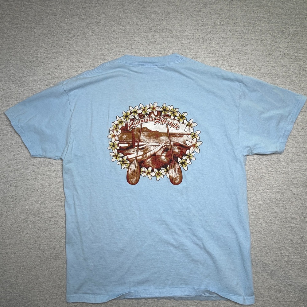 Vintage Hanes Beefy TShirt Mens Large Blue Hawaiian Lifestyle Graphic Tee Y2K
